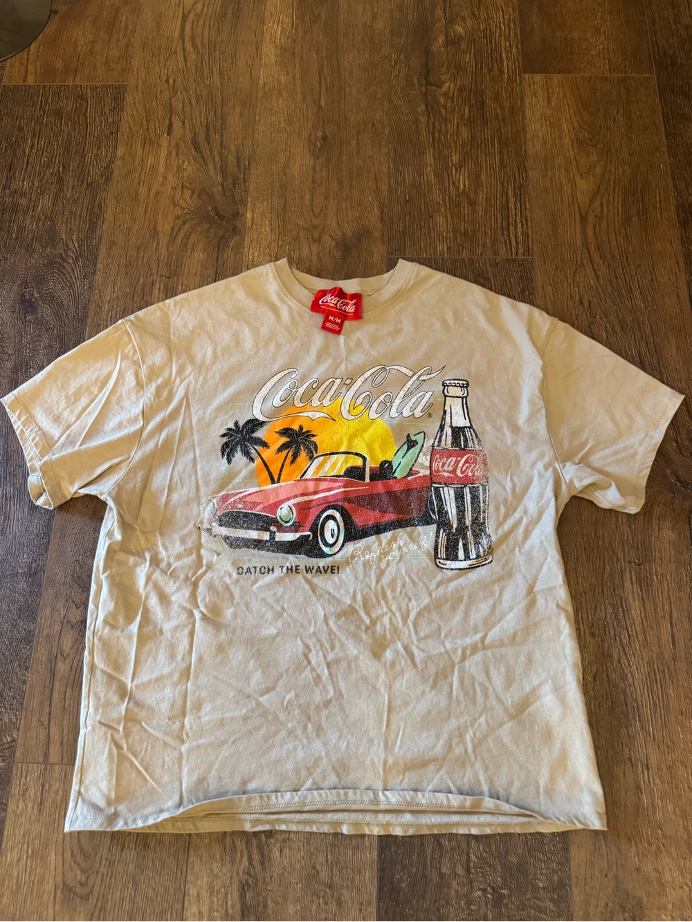 Coca Cola Beige Short-Sleeve Tee with Retro Car & Bottle Graphic